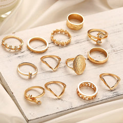 13 Piece Medallion Ring Set with Austrian Crystals 18K Gold Plated Ring